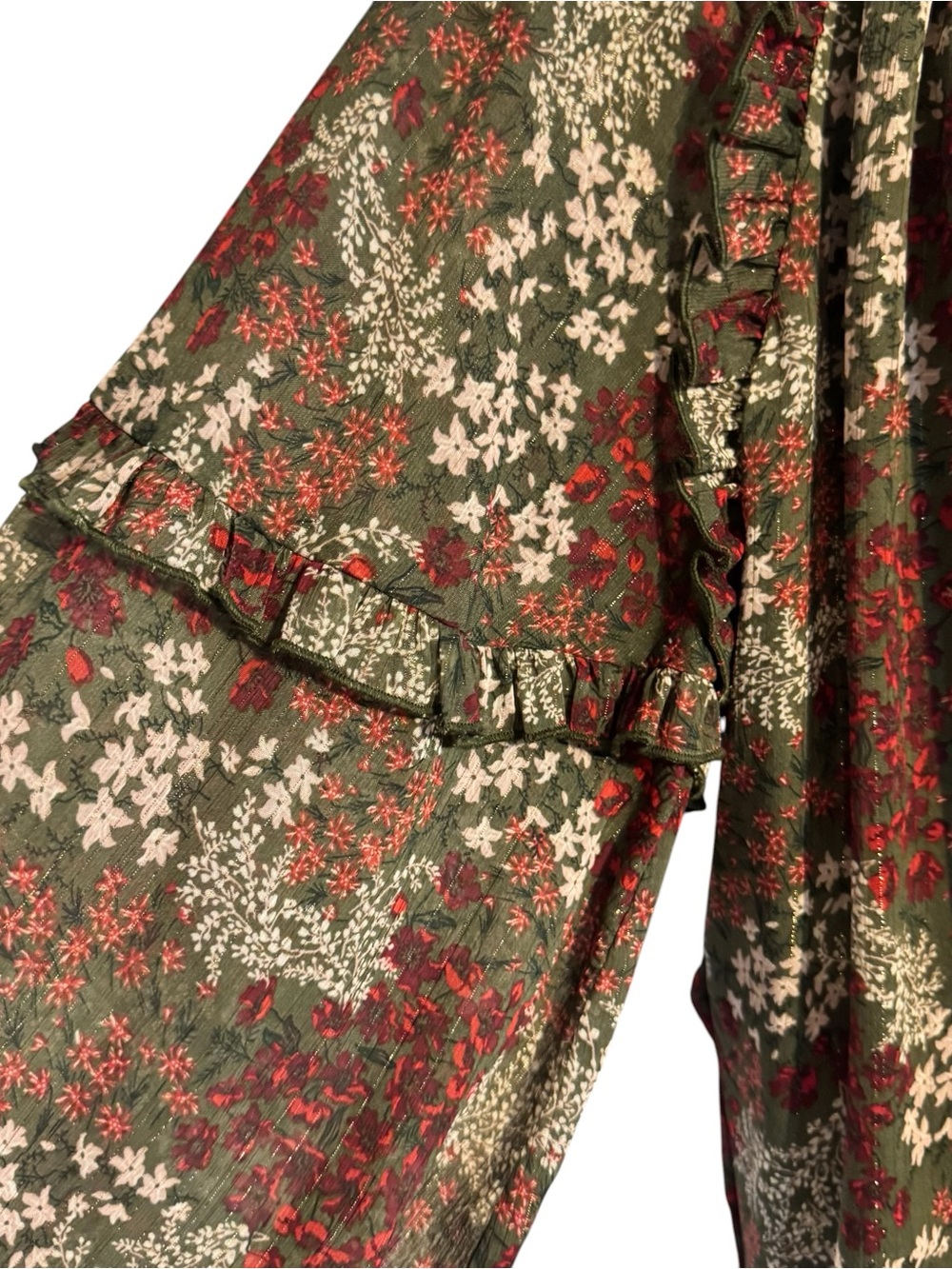 GORGEOUS Olive Floral Tie-Neck Peasant Blouse FALL!!! LARGE #W - Picture 6 of 11